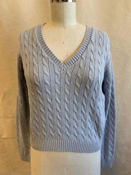 BRANDY MELVILLE, Sky Blue, Cotton, Acrylic, Cable Knit, C-neck, Pullover, Long Sleeves