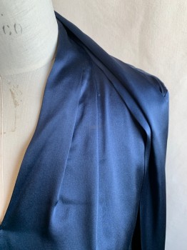 Womens, Blouse, ELIE TAHARI, Navy Blue, Silk, Solid, M, V-neck, Drop Pleats at Shoulders, Long Sleeves, Button Cuff, Beaded Fringe Scarf Attached with Button Loop, Gathered at Back Neck