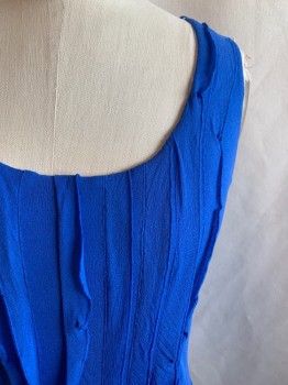 CLASSIQUE ENTIER, Royal Blue, Silk, Nylon, Solid, Double Mesh Layers, Scoop Neck, Sleeveless, Ruffle Vertical Stripes Down Center