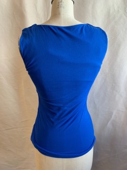 CLASSIQUE ENTIER, Royal Blue, Silk, Nylon, Solid, Double Mesh Layers, Scoop Neck, Sleeveless, Ruffle Vertical Stripes Down Center