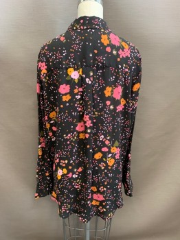 POP SUGAR, Black, Hot Pink, Orange, Green, Lt Pink, Polyester, Floral, Collar Attached, Button Front, Long Sleeves