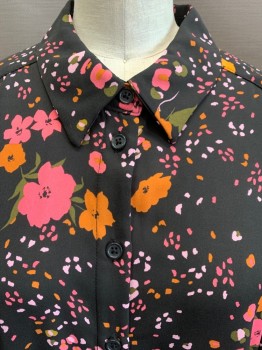 POP SUGAR, Black, Hot Pink, Orange, Green, Lt Pink, Polyester, Floral, Collar Attached, Button Front, Long Sleeves