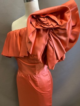 N/L, Peachy Pink, Silk, Solid, Satin, Asymmetrical 1 Shoulder with Voluminous Ruffle at Neckline, Fitted Sheath Dress, Knee Length,