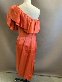 Womens, Cocktail Dress, N/L, Peachy Pink, Silk, Solid, W:24, B:32, H:35, Satin, Asymmetrical 1 Shoulder with Voluminous Ruffle at Neckline, Fitted Sheath Dress, Knee Length,