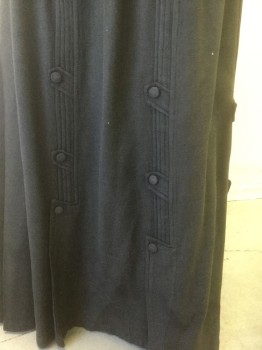 Womens, Skirt 1890s-1910s, MTO, Charcoal Gray, Wool, Solid, W:29, Textured Weave, 1/2" Wide Black Grosgrain Waistband, Vertical Pleats with Decorative Self Tabs with Self Buttons, Box Pleats at Hem, with Waistband Added Later, **Mended Throughout,