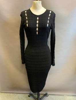 Womens, Cocktail Dress, NARCISO RODRIGUEZ, Black, Viscose, Polyamide, Textured Fabric, W: 26, B: 34, H: 36, Scoop Neckline, Long Sleeves, Ribbed, Horizontal Stripes with 3D Dots, Almond Shape Cut Out Strips on Front & Back Upper Bodice & Sleeves