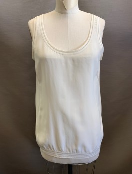 EILEEN FISHER, Cream, Silk, Solid, Crepe De Chine, Sleeveless, Pullover, Scoop Neck, Oversized Fit, Open Threadwork at Edges