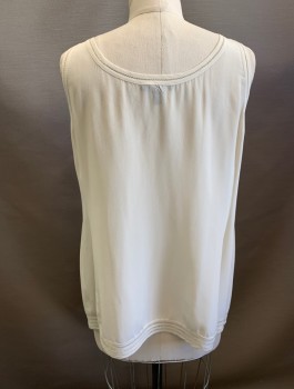 EILEEN FISHER, Cream, Silk, Solid, Crepe De Chine, Sleeveless, Pullover, Scoop Neck, Oversized Fit, Open Threadwork at Edges