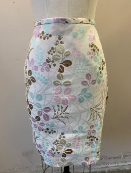 TOCCA, White, Lt Pink, Lavender Purple, Gold, Aqua Blue, Polyester, Leaves/Vines , Brocade, Pencil Skirt, 1/2" Wide Self Waistband, Invisible Zipper at Side