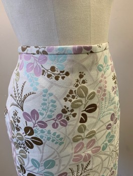 Womens, Skirt, Knee Length, TOCCA, White, Lt Pink, Lavender Purple, Gold, Aqua Blue, Polyester, Leaves/Vines , Sz.10, Brocade, Pencil Skirt, 1/2" Wide Self Waistband, Invisible Zipper at Side