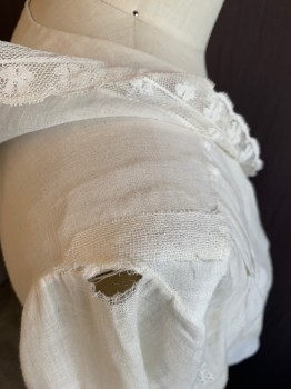 Womens, Blouse 1890s-1910s, N/L, White, Cotton, Solid, W 27, S, Abstract Grid and Eyelet, Button Front, Lace Ruffle, Lace Panels Next to Placket, Sailor Collar with Lace Trim, Elastic Waist, Long Sleeves with Turned Back Cuff *Many Repairs Already Done, Hole in Right Shoulder*