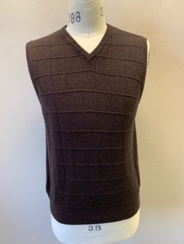 Mens, Sweater Vest, DOCKERS, Espresso Brown, Acrylic, Solid, M, Grid Texture Knit, Pullover, V-neck