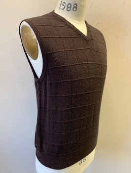Mens, Sweater Vest, DOCKERS, Espresso Brown, Acrylic, Solid, M, Grid Texture Knit, Pullover, V-neck