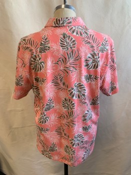 Mens, Hawaiian Shirt, TOMMY BAHAMA, Salmon Pink, White, Olive Green, Cotton, Spandex, Leaves/Vines , Hawaiian Print, L, Polo, Short Sleeves, Button Front, 3 Plastic Buttons
