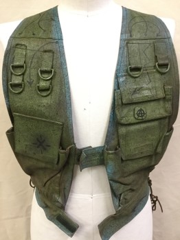 Mens, Vest, MTO, Teal Blue, Olive Green, Black, Gray, Leather, Speckled, S/M, (Aged/Distressed) Teal Blue/olive with Black,gray/Sprayed, Black Arrows Drawing, Straps/buckles/pouch pockets with Flaps Detail, 2 Short Straps Velcro Front, No Side, Lacing/strings Detail Back