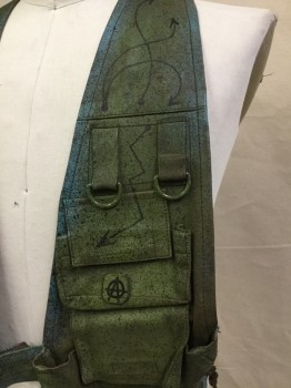 Mens, Vest, MTO, Teal Blue, Olive Green, Black, Gray, Leather, Speckled, S/M, (Aged/Distressed) Teal Blue/olive with Black,gray/Sprayed, Black Arrows Drawing, Straps/buckles/pouch pockets with Flaps Detail, 2 Short Straps Velcro Front, No Side, Lacing/strings Detail Back