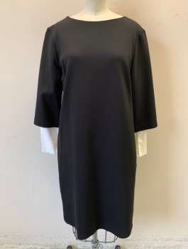 ELLEN TRACY, Black, Rayon, Nylon, Solid, Ponte Knit, White Cuffs Peeking Out at Wrists, Bateau/Boat Neck, Shift Dress, Knee Length, Invisible Zipper in Back