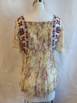 ZARA, Cream, Multi-color, Synthetic, Floral, Geometric, Square Neck, S/S, Sheer, Orange, Red, Light Blue, Green Geo Pattern Embroidery