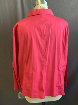 ANNE KLEIN, Fuchsia Pink, Cotton, Nylon, Solid, Button Front, Collar Attached, Long Sleeves, 2 Hidden Zip Pockets