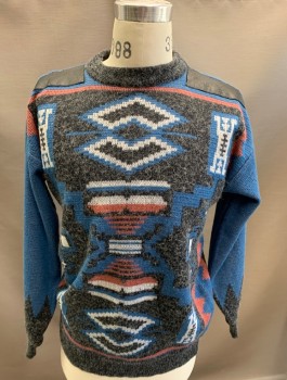 Mens, Sweater, UNIFORM CODE, Gray, Blue, White, Maroon Red, Acrylic, Leather, L, Aztec-like Knit, CN, L/S,