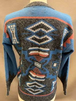 Mens, Sweater, UNIFORM CODE, Gray, Blue, White, Maroon Red, Acrylic, Leather, L, Aztec-like Knit, CN, L/S,