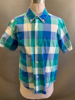 OLD NAVY, Blue, Teal Green, Lt Green, White, Lt Blue, Cotton, Check , Boys, Short Sleeves, Button Front, Button Down Collar, Collar Attached, 1 Patch Pocket,