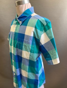 OLD NAVY, Blue, Teal Green, Lt Green, White, Lt Blue, Cotton, Check , Boys, Short Sleeves, Button Front, Button Down Collar, Collar Attached, 1 Patch Pocket,