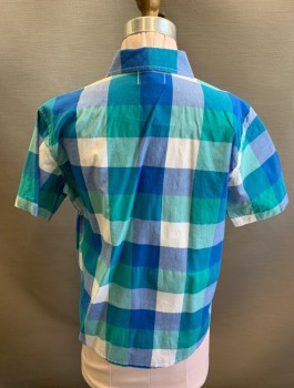 Childrens, Shirt, OLD NAVY, Blue, Teal Green, Lt Green, White, Lt Blue, Cotton, Check , 10/12, Boys, Boys, Short Sleeves, Button Front, Button Down Collar, Collar Attached, 1 Patch Pocket,