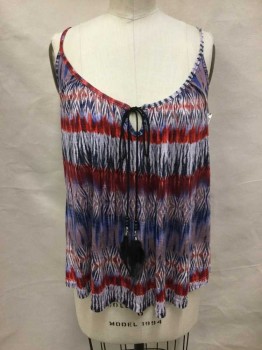 HIP, Red, Blue, Dusty Lavender, Rayon, Tie-dye, Sleeveless, Scoop Neck, Lacing/Ties Center Front Neck with Feather Tassel Tie