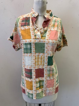 Womens, Shirt, BYER, Cream, Pink, Green, Brick Red, Cotton, Patchwork, B:34, S/S, V-N, Floral Under Plaid, Cuffed Sleeve,