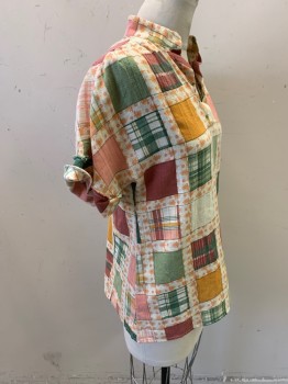 Womens, Shirt, BYER, Cream, Pink, Green, Brick Red, Cotton, Patchwork, B:34, S/S, V-N, Floral Under Plaid, Cuffed Sleeve,