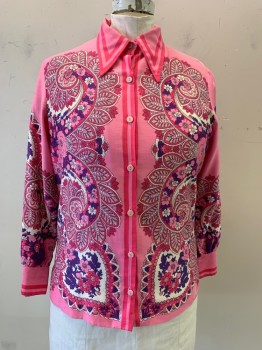 Womens, Blouse, N/L, Pink, Hot Pink, Purple, Cotton, Floral, B: 42, L/S, Pointed Collar, Button Front, Side Slits,