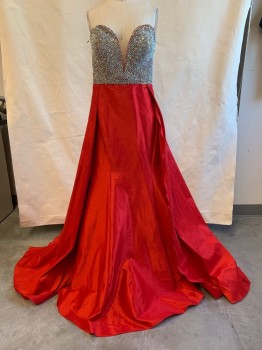 JOVANI, Red, Silver, Polyester, Rhinestones, Solid, Strapless, Sweetheart Neckline with Sheer Mesh Panel, Rhinestone Bust, Cape-like Train