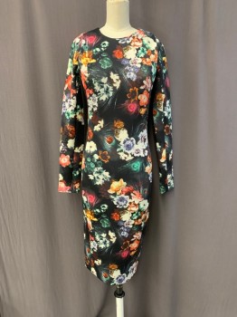 FELICITY & COCO, Black, White, Green, Pink, Goldenrod Yellow, Polyester, Spandex, Floral, Peacock Feathers, Scoop Neck, Long Sleeves, Zip Back, Hem Below Knee