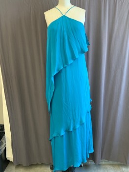 HALSTON, Turquoise Blue, Silk, Solid, V Front Neck Line With Spaghetti Straps, Asymmetrical Ruffles Across Front And Back, Side Zip, Hem Maxi
