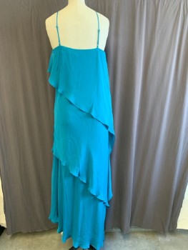 HALSTON, Turquoise Blue, Silk, Solid, V Front Neck Line With Spaghetti Straps, Asymmetrical Ruffles Across Front And Back, Side Zip, Hem Maxi