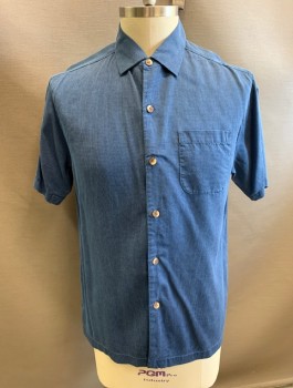 TOMMY BAHAMA, Dk Blue, Blue, Silk, 2 Color Weave, Short Sleeves, Button Front, Collar Attached, 1 Patch Pocket, Buttons Look Like Wood, Oversized Fit