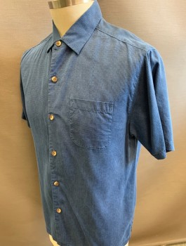 TOMMY BAHAMA, Dk Blue, Blue, Silk, 2 Color Weave, Short Sleeves, Button Front, Collar Attached, 1 Patch Pocket, Buttons Look Like Wood, Oversized Fit