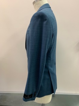 JOHN VARVATOS, Teal Blue, Wool, Plaid, Single Breasted, 2 Buttons,  Notched Lapel, Faint Woven Pattern, Double Back Vent