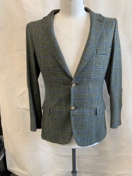 GANT, Green, Blue, Brown, Wool, Plaid, Plaid-  Windowpane, Single Breasted, Notched Lapel, 2 Pockets, Brown Elbow Patches, 2 Vents At Back, Sleeves Have Been Shortened And Can Be Released.
