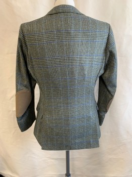 GANT, Green, Blue, Brown, Wool, Plaid, Plaid-  Windowpane, Single Breasted, Notched Lapel, 2 Pockets, Brown Elbow Patches, 2 Vents At Back, Sleeves Have Been Shortened And Can Be Released.