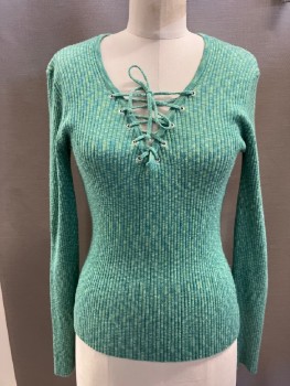 N/L, Mint Green, Turquoise Blue, Polyester, Heathered, Rib Knit, V-N, with Self Lacing CF Placket, L/S,