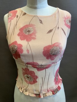 MOSCHINO CHEAP NCHIC, Peach Orange, Pink, Lt Brown, Cotton, Floral, Gauzy Material, Sleeveless, Buttons in Back, Round Neck, Empire/Under Bust Seam, Fitted