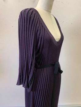 TEMPERLEY, Aubergine Purple, Black, Synthetic, Stripes - Vertical , Knit with Sheer Black Stripes, 3/4 Sleeves, Scoop Neck, Hem Above Knee, **With Matching Self Belt