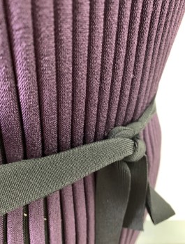 TEMPERLEY, Aubergine Purple, Black, Synthetic, Stripes - Vertical , Knit with Sheer Black Stripes, 3/4 Sleeves, Scoop Neck, Hem Above Knee, **With Matching Self Belt