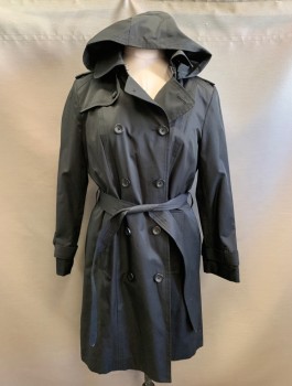 Womens, Coat, Trenchcoat, LONDON FOG, Black, Cotton, Polyester, Solid, L, Double Breasted, Collar Attached, Epaulets at Shoulders, Detachable Hood, 2 Pockets, Belt Loops, **With Matching Sash Belt