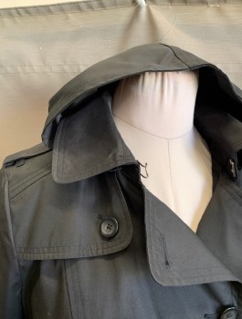 Womens, Coat, Trenchcoat, LONDON FOG, Black, Cotton, Polyester, Solid, L, Double Breasted, Collar Attached, Epaulets at Shoulders, Detachable Hood, 2 Pockets, Belt Loops, **With Matching Sash Belt