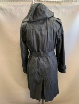 LONDON FOG, Black, Cotton, Polyester, Solid, Double Breasted, Collar Attached, Epaulets at Shoulders, Detachable Hood, 2 Pockets, Belt Loops, **With Matching Sash Belt
