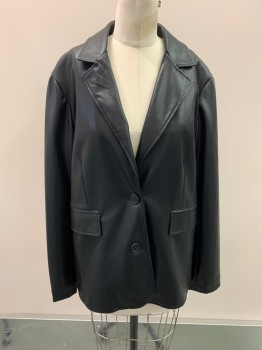 URBAN OUTFITTERS, Black, Leather, Solid, Notched Lapel, Single Breasted, Button Front, 1 Button