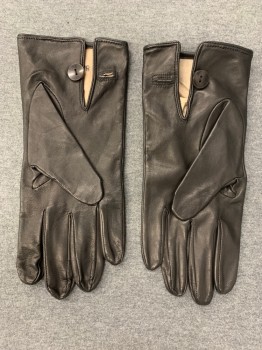 Mens, Leather Gloves, N/L, Black, Leather, Solid, Wrist Length, 2 Black Buttons